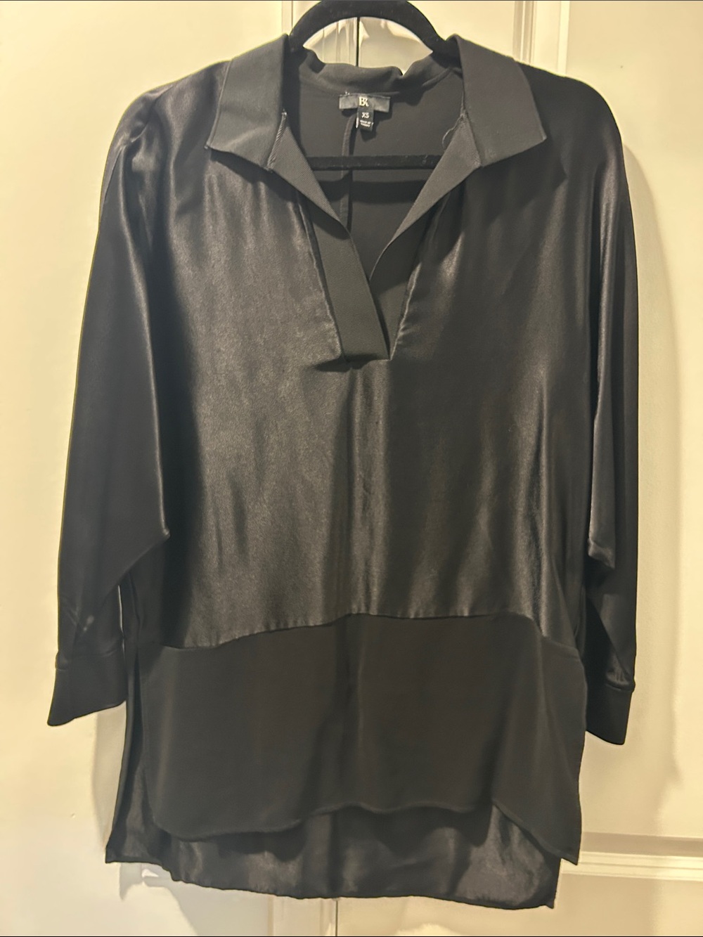 Sleek Black Satin V-Neck Tunic Top